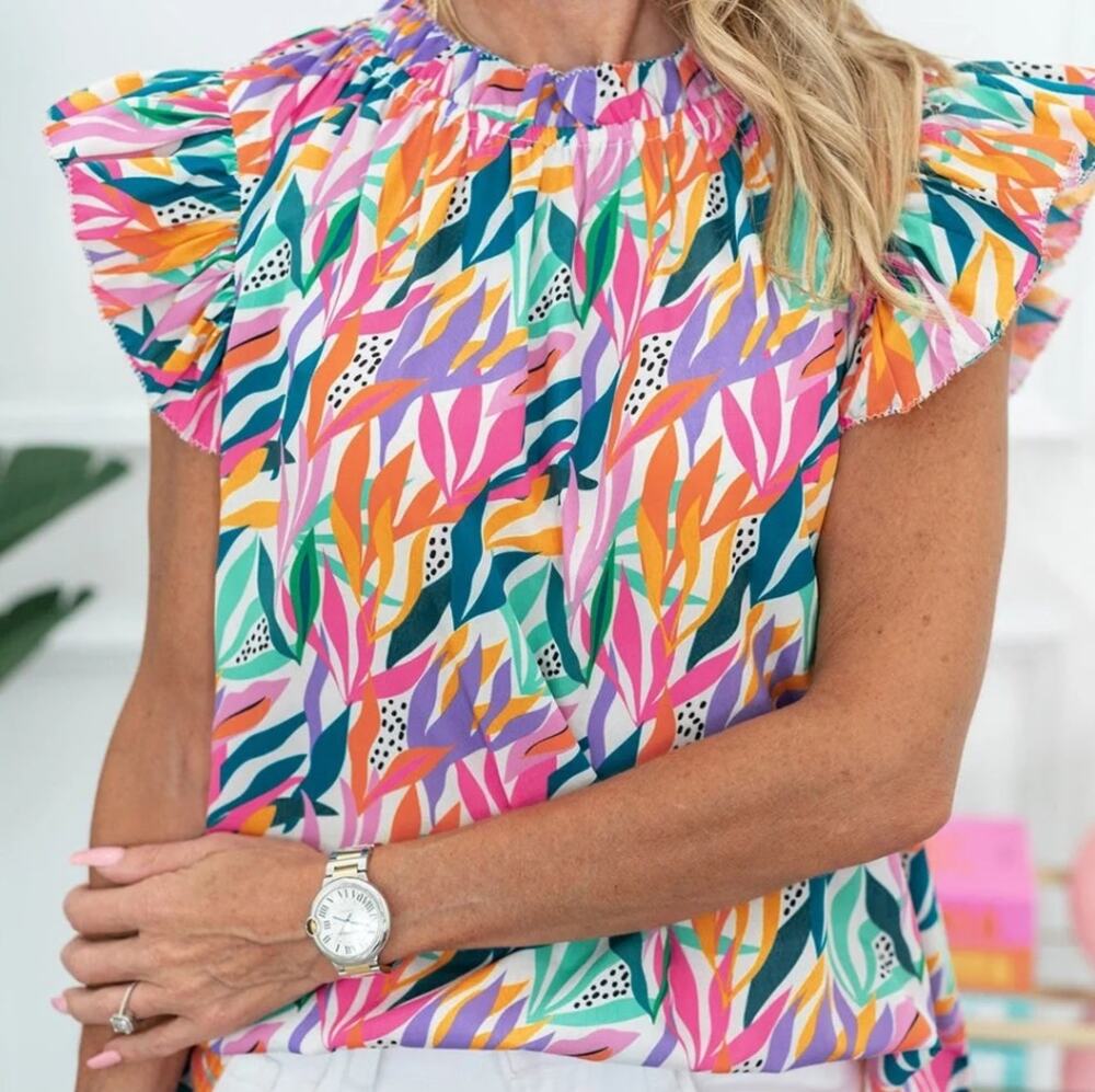 THML Multi Floral Tropical Ruffle Mock Neck Sleeveless Blouse Top Medium M